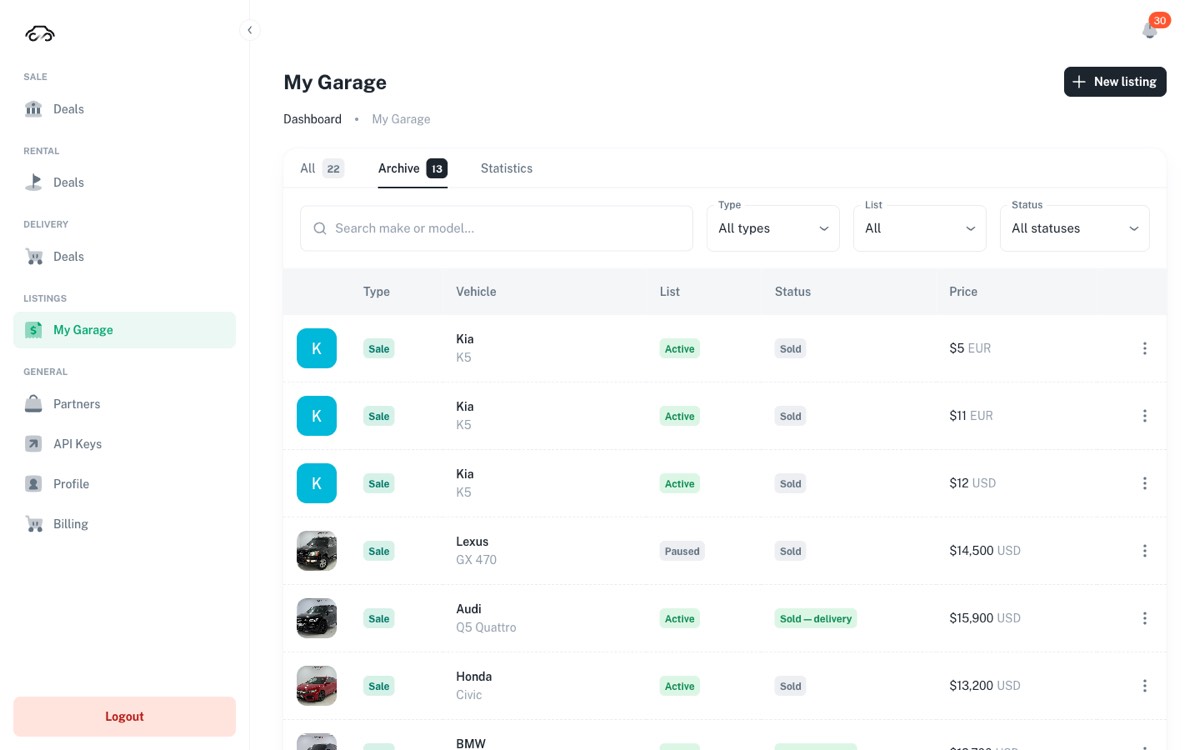 Archive tab showing sold cars including Sold — delivery