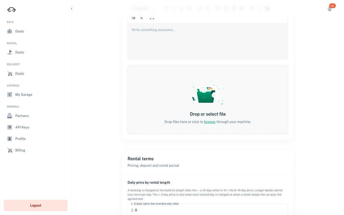Create a new rental listing form showing description, photo upload and the start of Rental terms