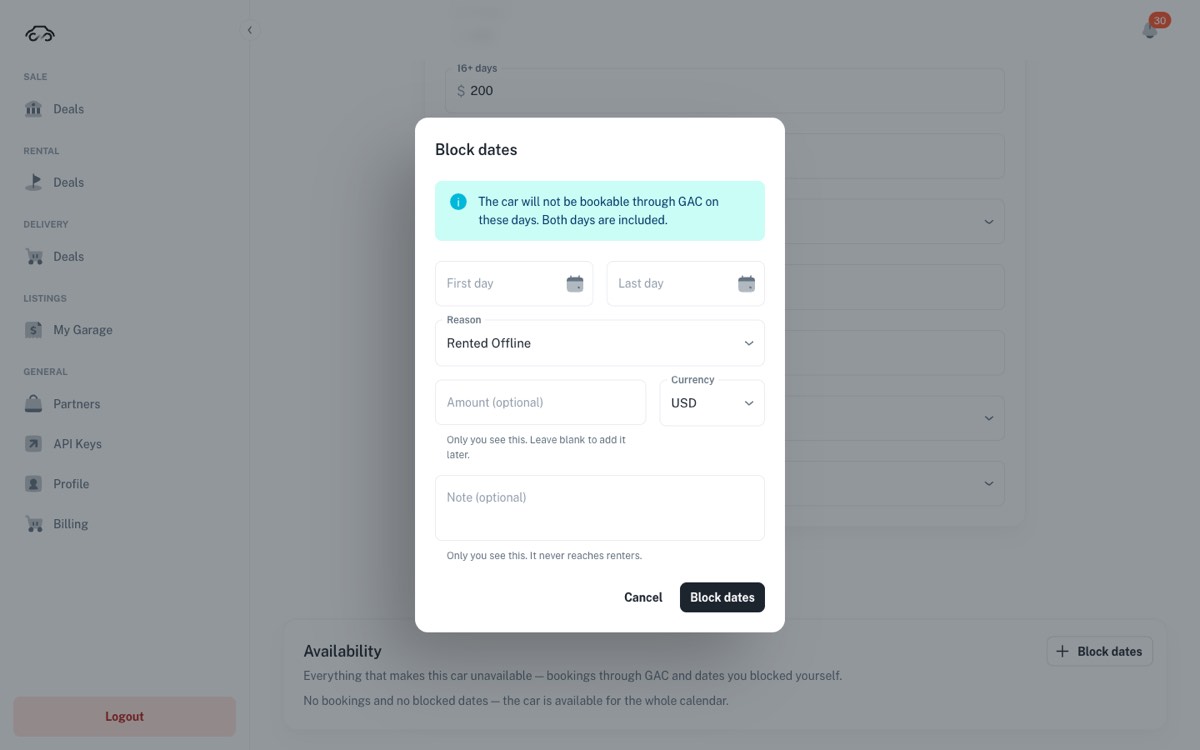 Block dates dialog with first day, last day, reason, optional amount and note